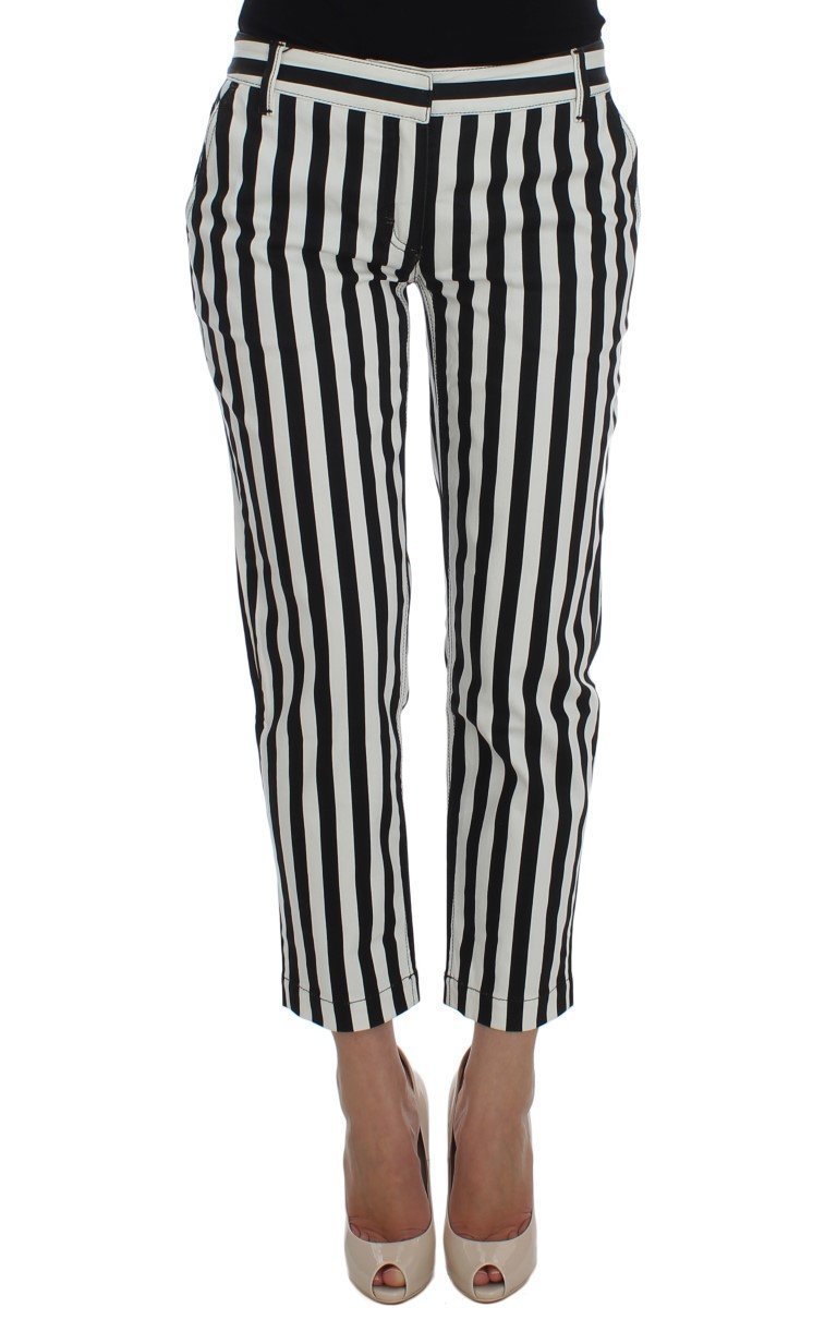 White Black Striped Cotton Stretch Jeans