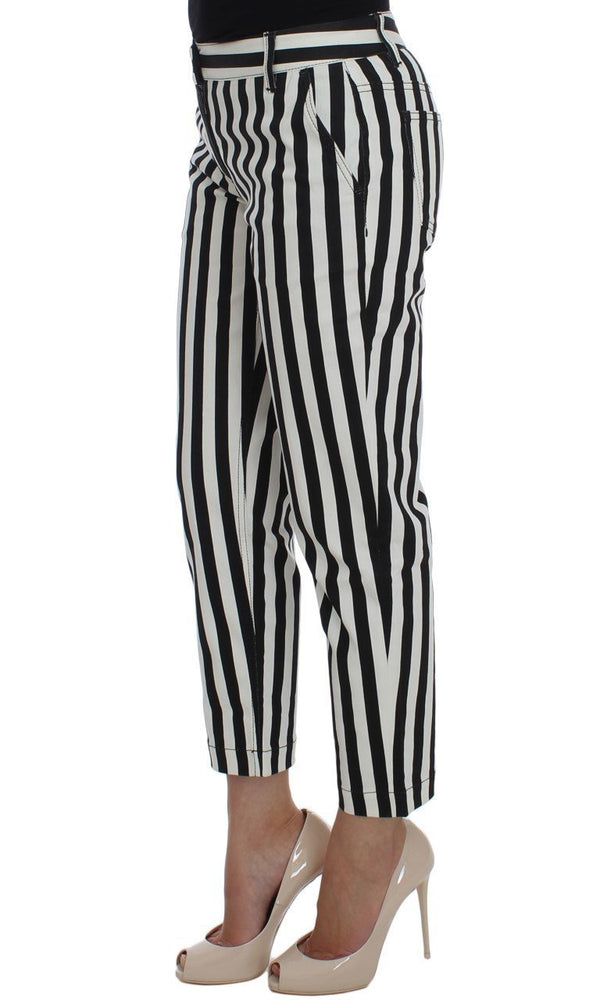 White Black Striped Cotton Stretch Jeans