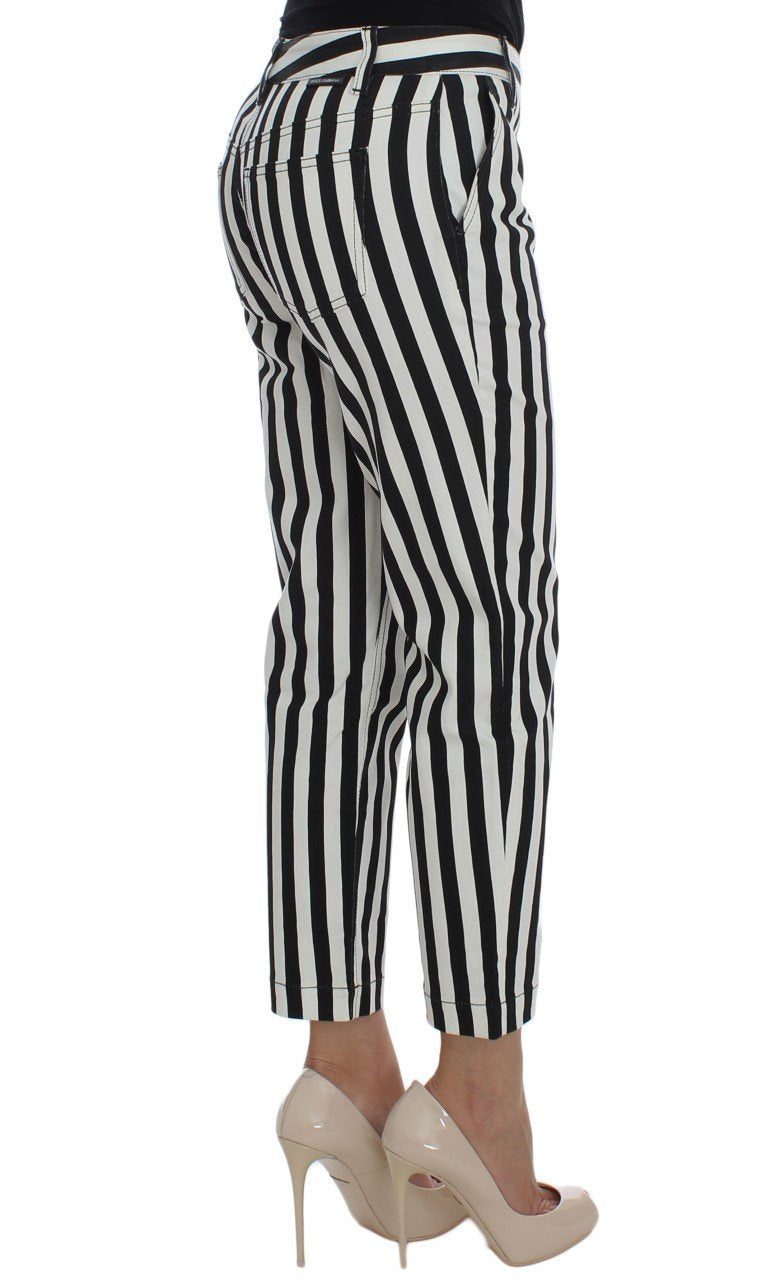 White Black Striped Cotton Stretch Jeans