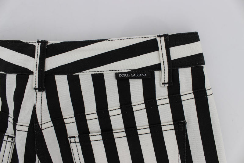 White Black Striped Cotton Stretch Jeans