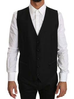 Black Wool Silk Logo Waistcoat Vest