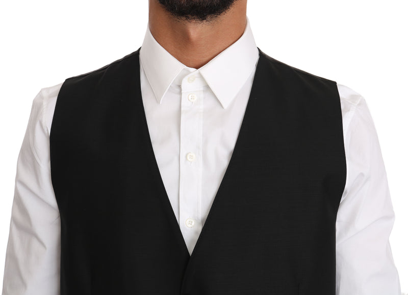 Black Wool Silk Logo Waistcoat Vest