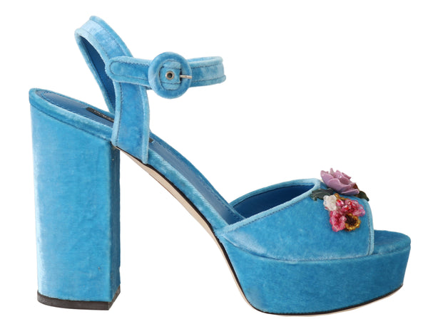 Blue Velvet Crystal Ankle Strap Sandals