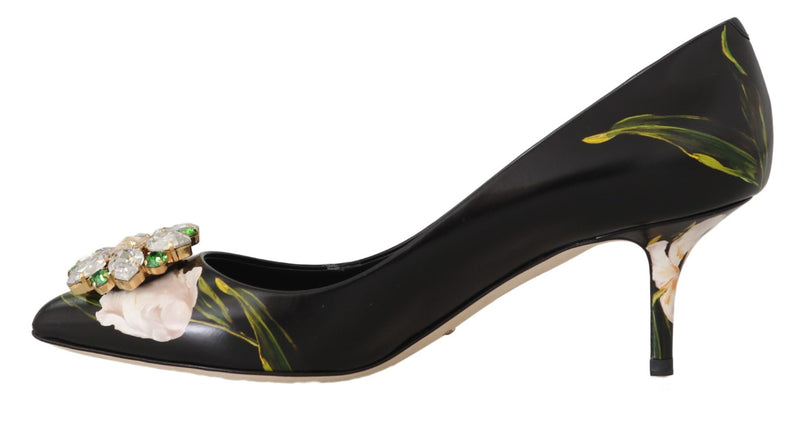 Black Tulip Print Crystal Heels Pumps Shoes