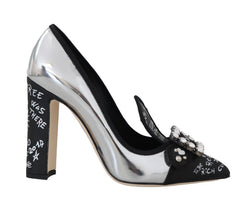 Black Silver Leather Crystal Pumps