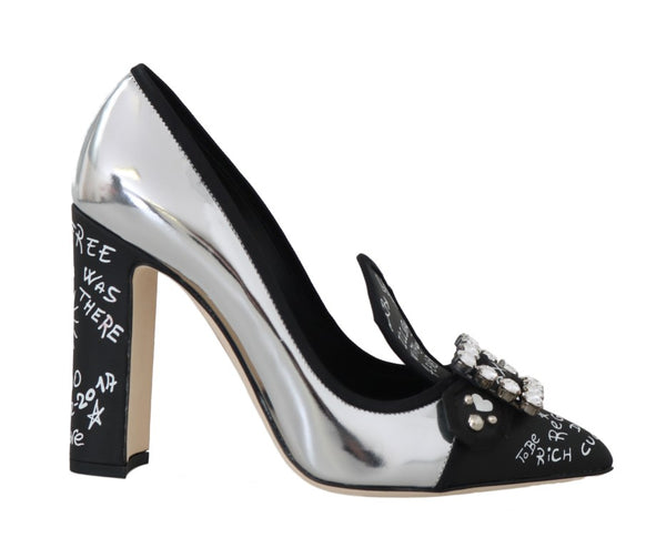 Black Silver Leather Crystal Pumps