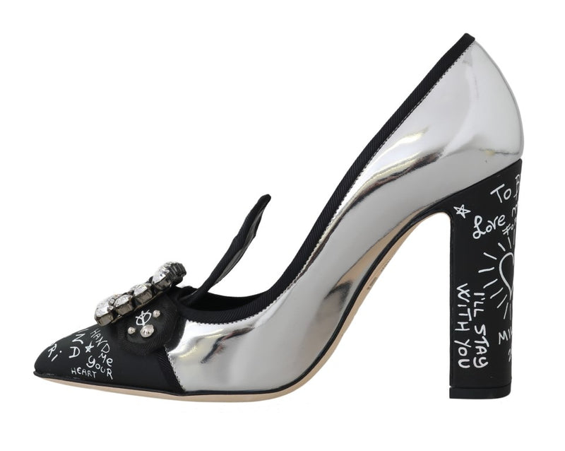 Black Silver Leather Crystal Pumps