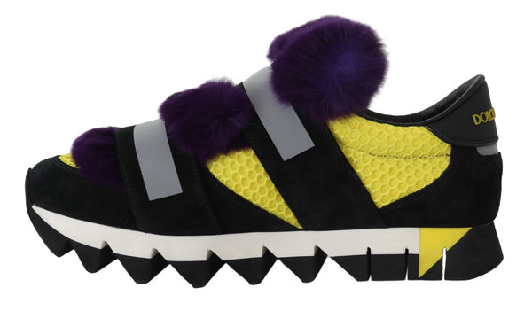 Black Leather Purple Fur Sneakers
