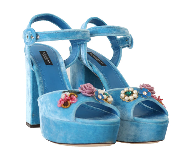 Blue Velvet Crystal Ankle Strap Sandals