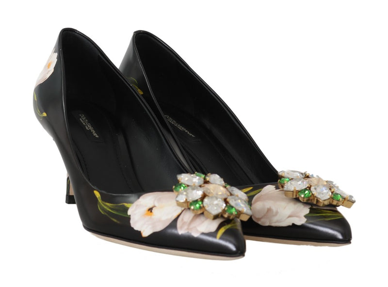 Black Tulip Print Crystal Heels Pumps Shoes