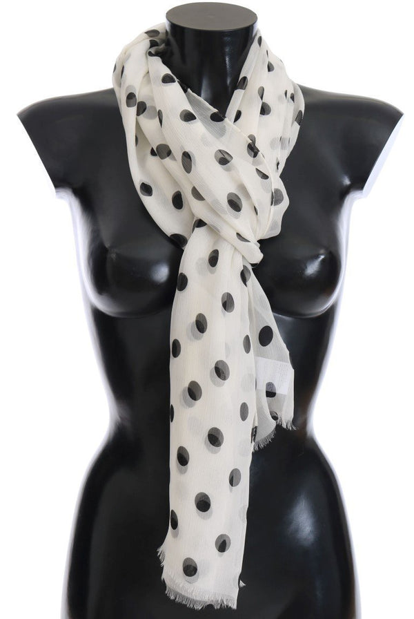 White Black Polka Dotted Silk Scarf