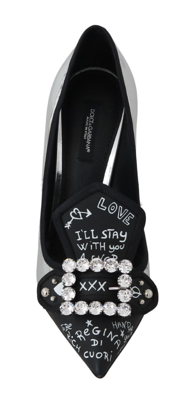 Black Silver Leather Crystal Pumps