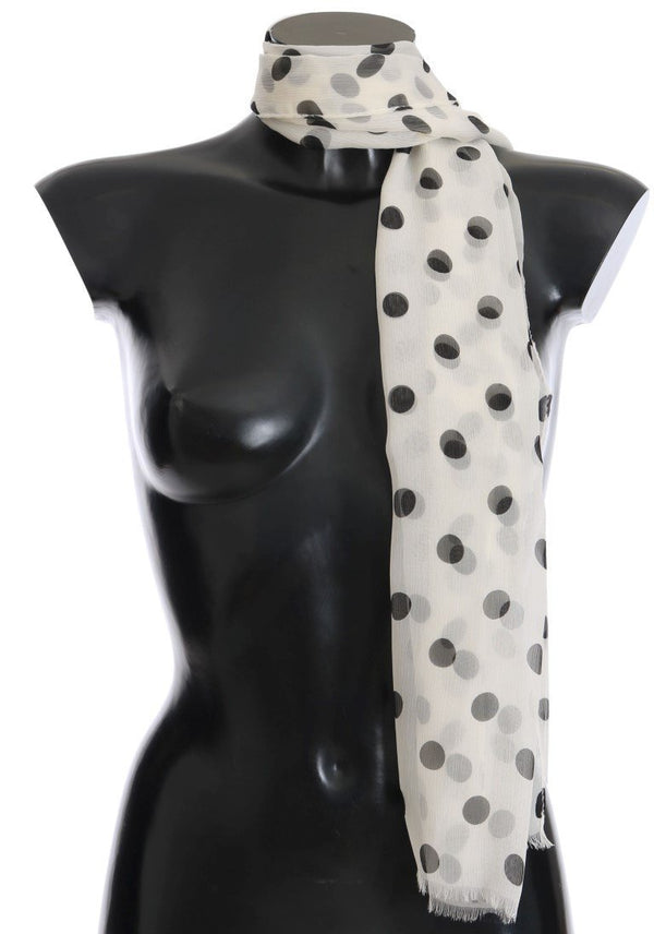 White Black Polka Dotted Silk Scarf