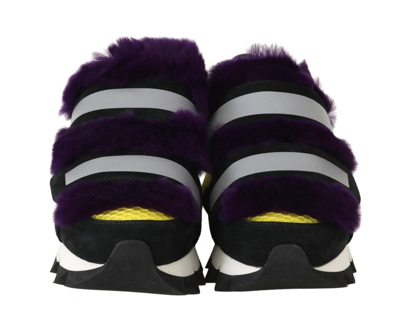 Black Leather Purple Fur Sneakers