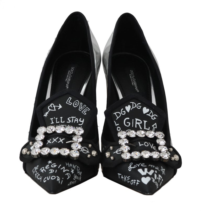 Black Silver Leather Crystal Pumps
