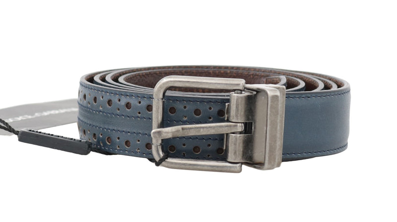 Blue Perforated Leather Gray Buckle Belt