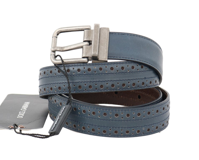 Blue Perforated Leather Gray Buckle Belt