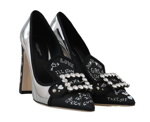 Black Silver Leather Crystal Pumps