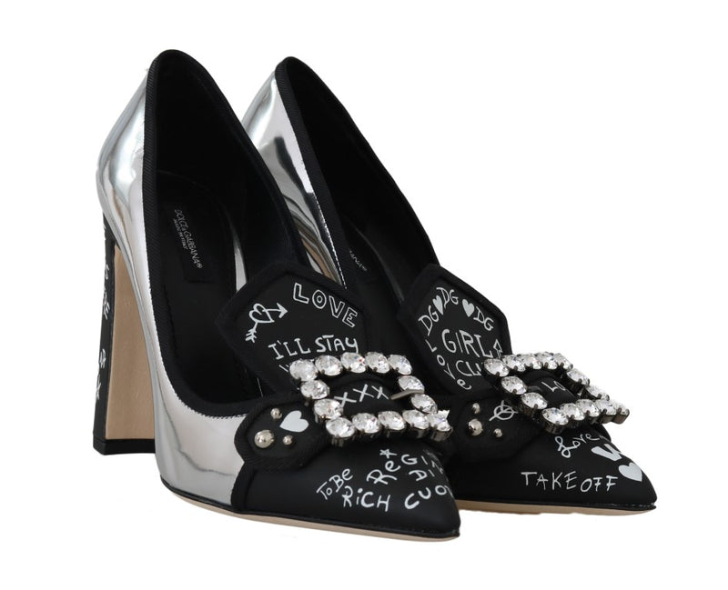 Black Silver Leather Crystal Pumps