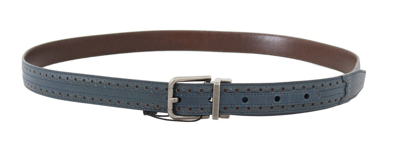 Blue Perforated Leather Gray Buckle Belt