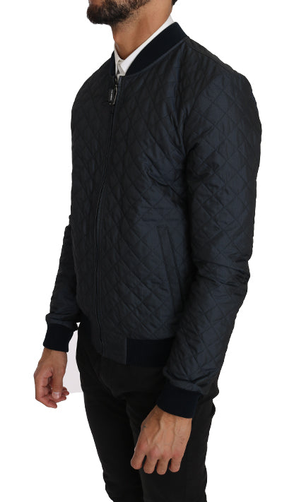 Blue Quilted Logo Fashion Bomber Jacket