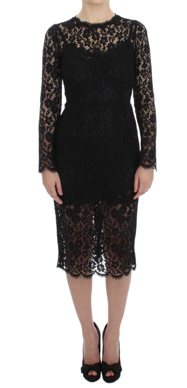 Black Ricamo Sheath Long Sleeve Dress