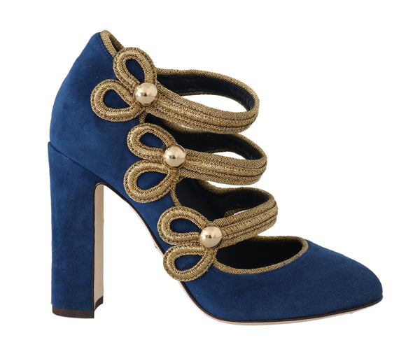 Blue Suede Gold Studs Mary Jane Pumps