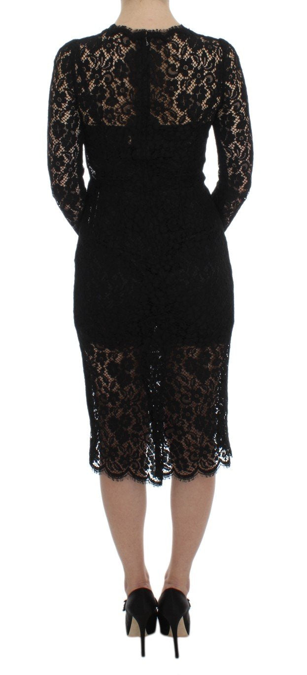 Black Ricamo Sheath Long Sleeve Dress