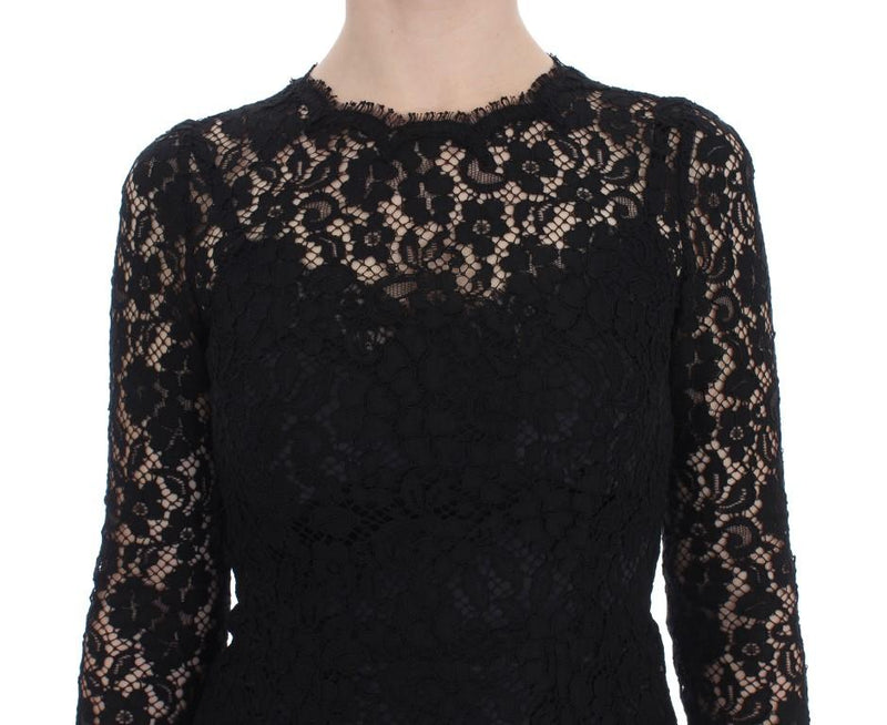 Black Ricamo Sheath Long Sleeve Dress