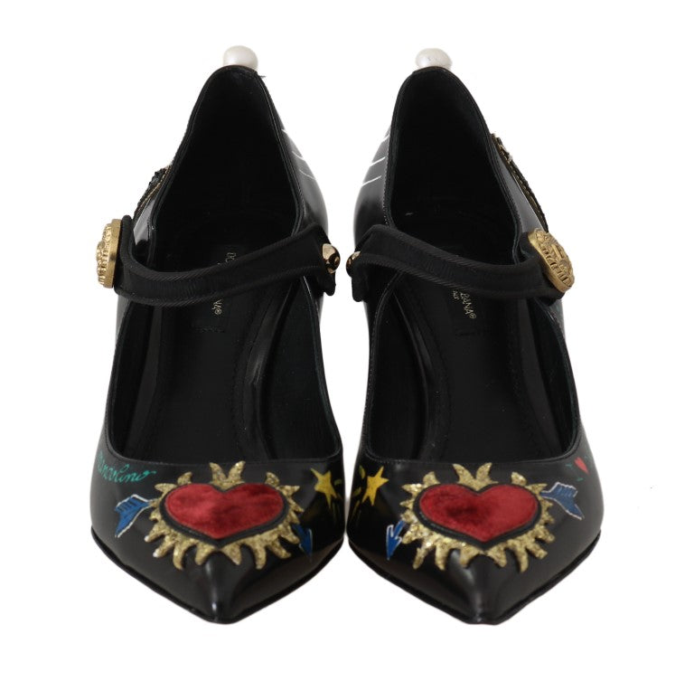 Hand Painted Heart Mary Janes Black