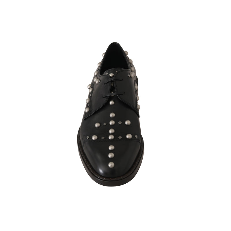 Black Leather Laceups Derby Studded Shoes