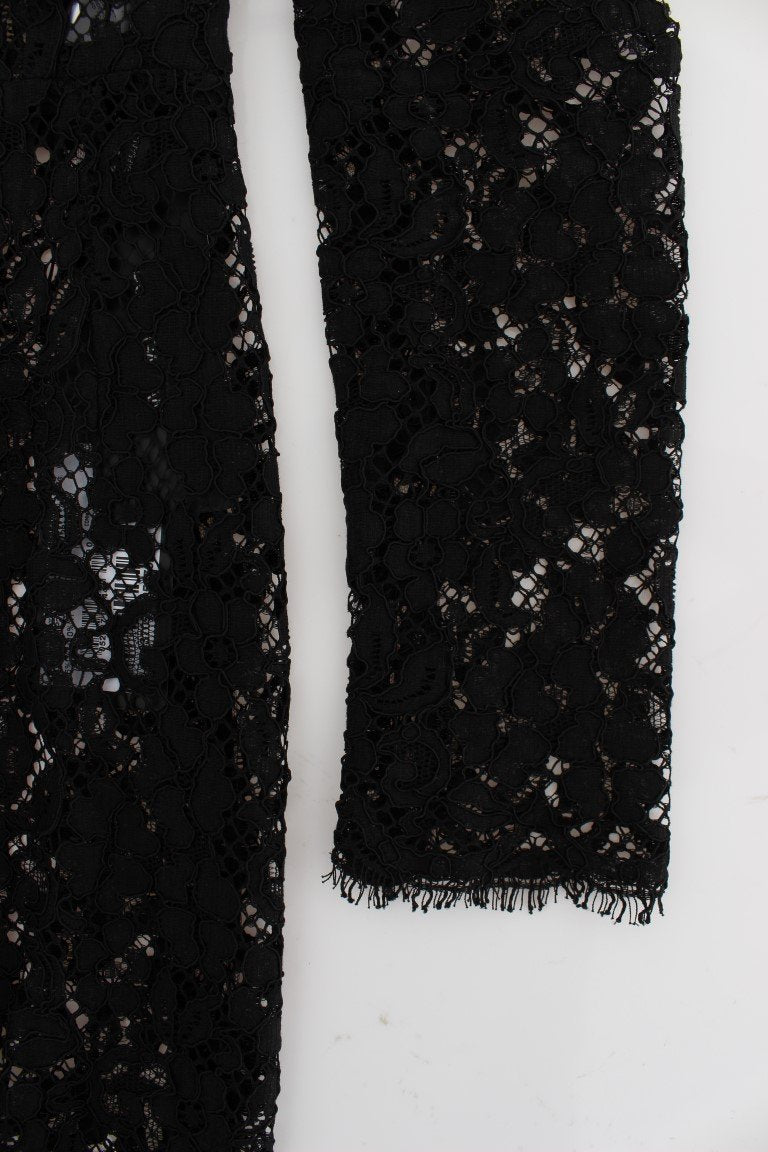 Black Ricamo Sheath Long Sleeve Dress