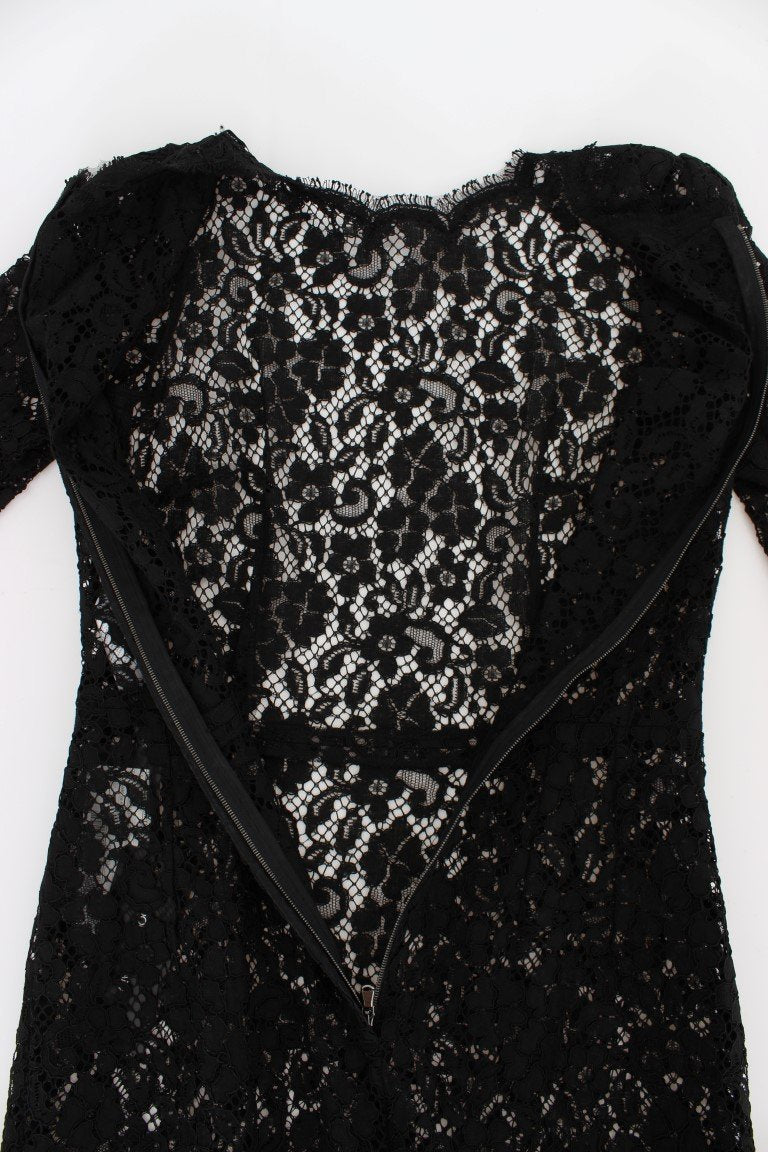 Black Ricamo Sheath Long Sleeve Dress