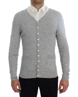 Gray Cashmere Ribbed Cardigan Sweater