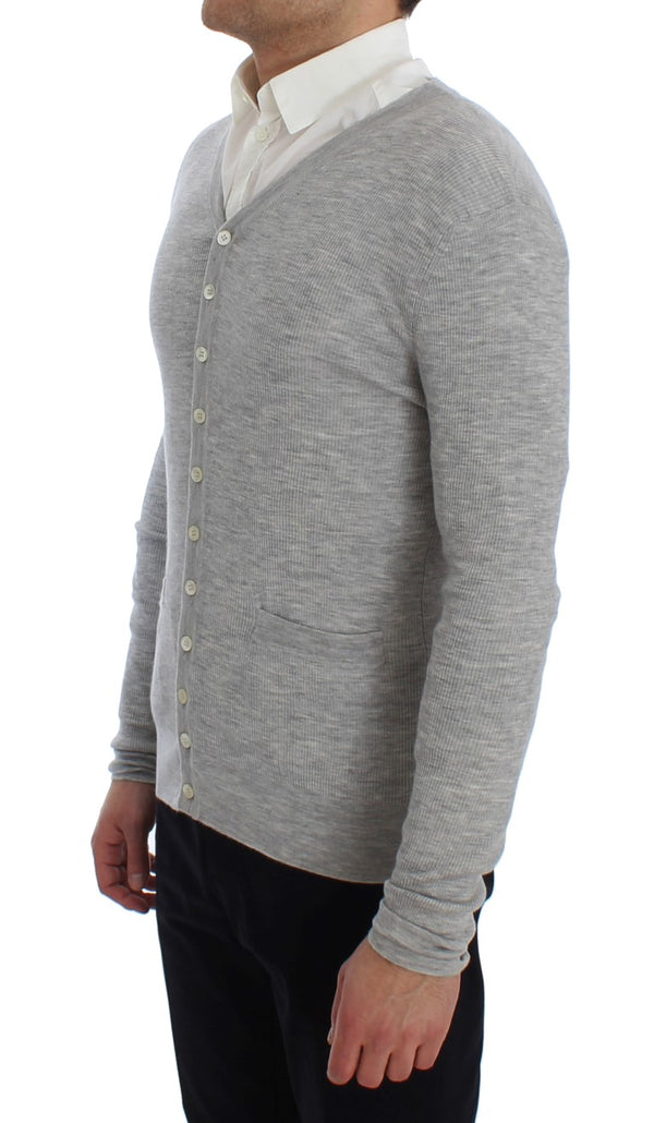 Gray Cashmere Ribbed Cardigan Sweater