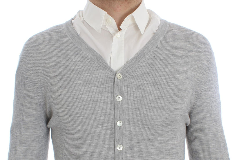 Gray Cashmere Ribbed Cardigan Sweater