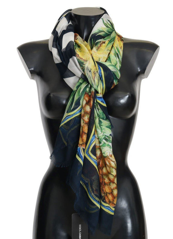 Blue White Silk Pineapple Print Scarf