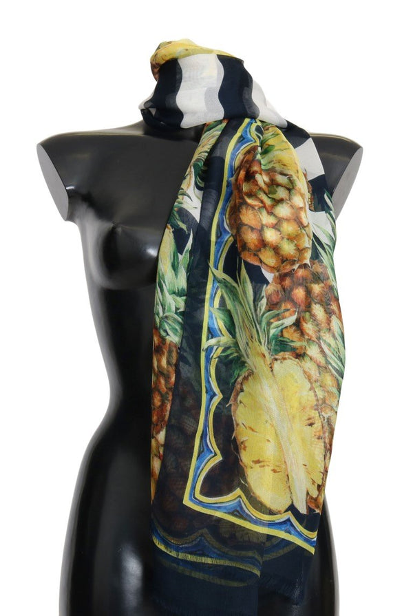 Blue White Silk Pineapple Print Scarf