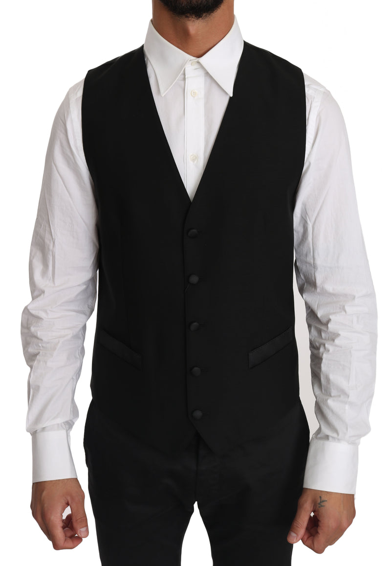 Black Solid Wool Silk Waistcoat Vest