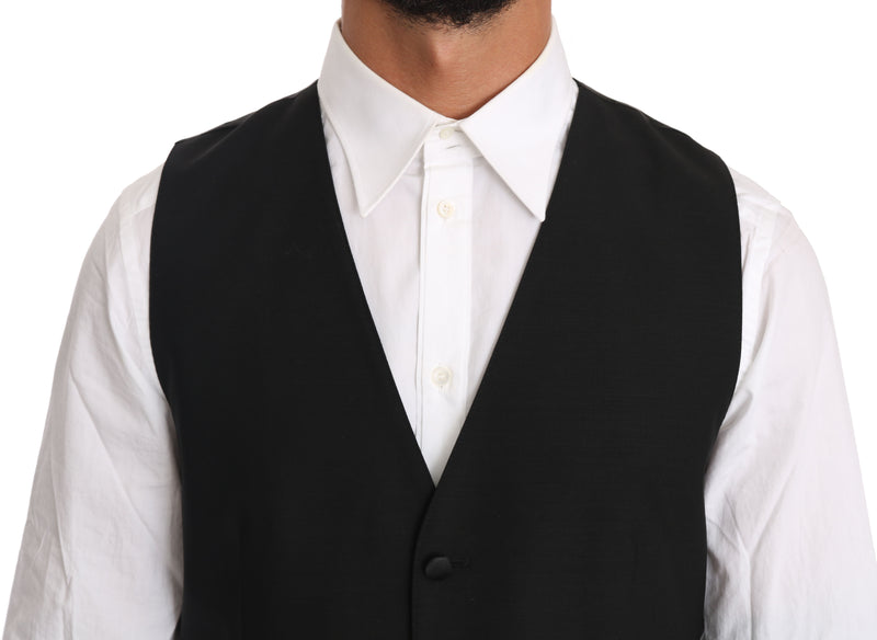 Black Solid Wool Silk Waistcoat Vest