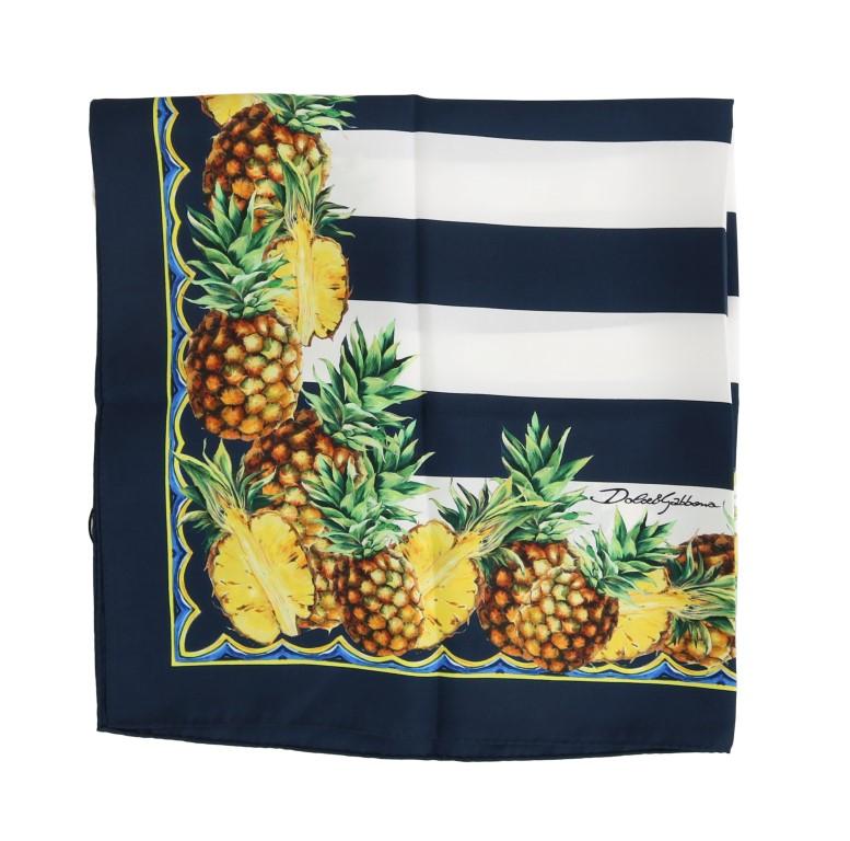 Blue White Silk Pineapple Print Scarf