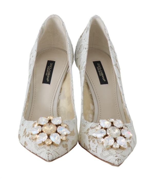 Beige Pizzo Lace Crystal Heels Pumps Shoes