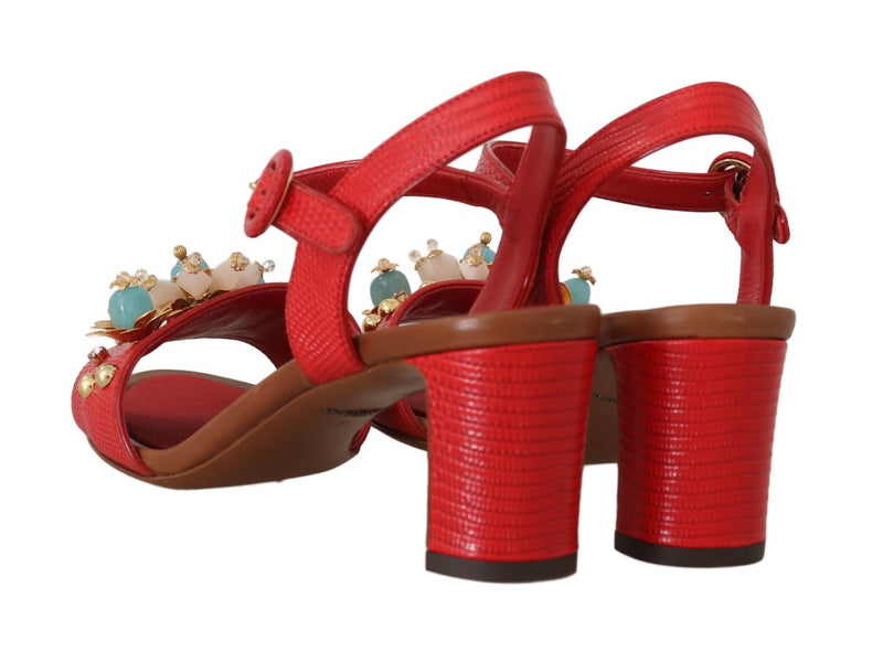 Red Leather Crystal Strap Sandals