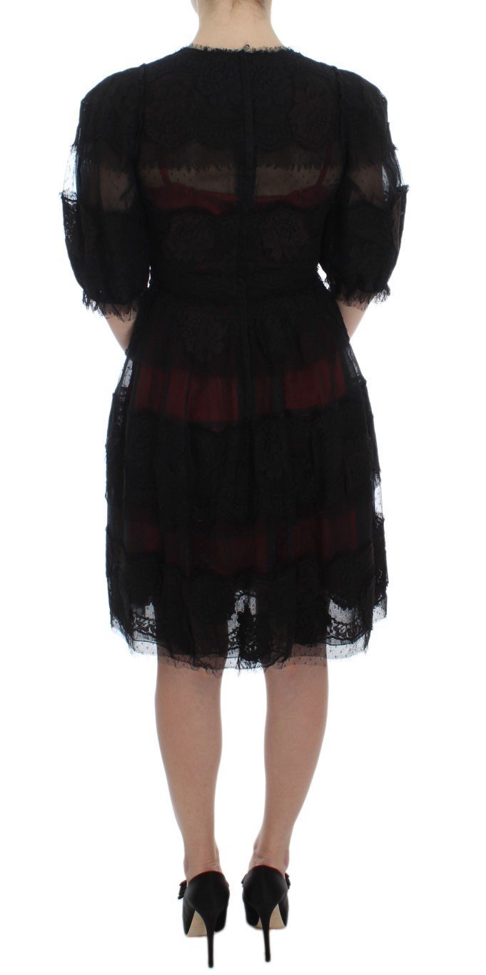 Black Floral Lace Shift Short Sleeve Dress
