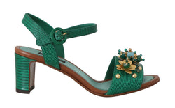 Green Leather Crystal Strap Sandals