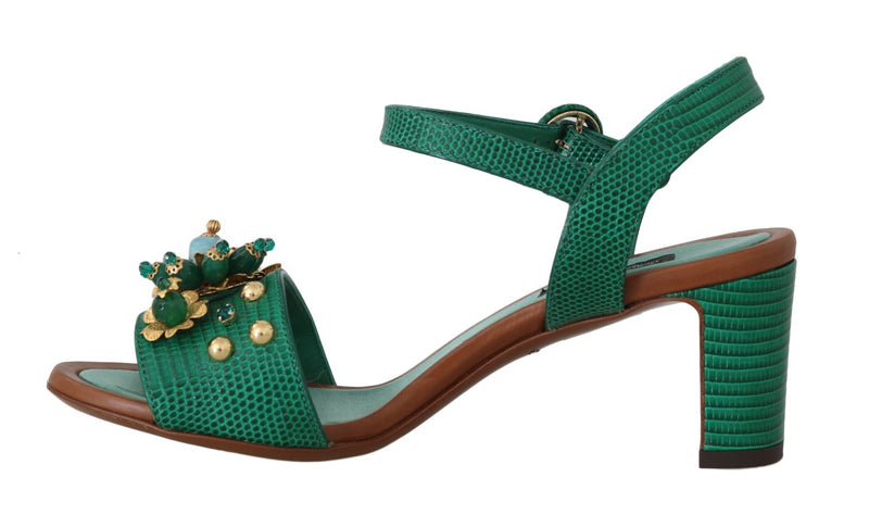 Green Leather Crystal Strap Sandals