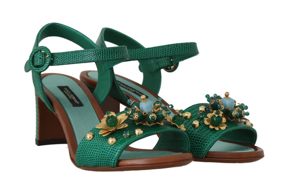 Green Leather Crystal Strap Sandals