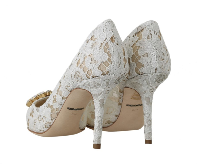 Beige Pizzo Lace Crystal Heels Pumps Shoes