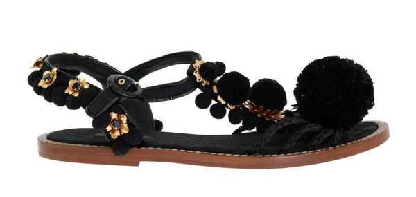 Black Leather Crystal Pom Pom Sandals