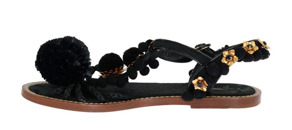 Black Leather Crystal Pom Pom Sandals
